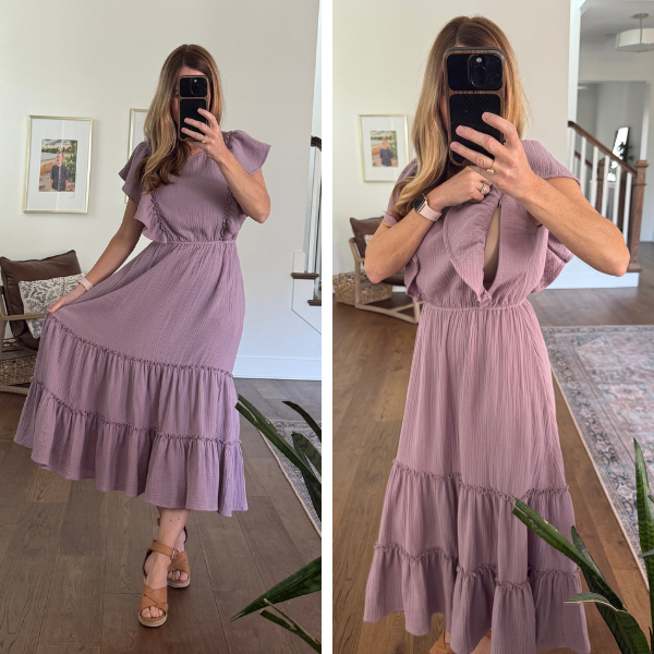 Mom wearing a cotton nursing dress with hidden breastfeeding access and pockets