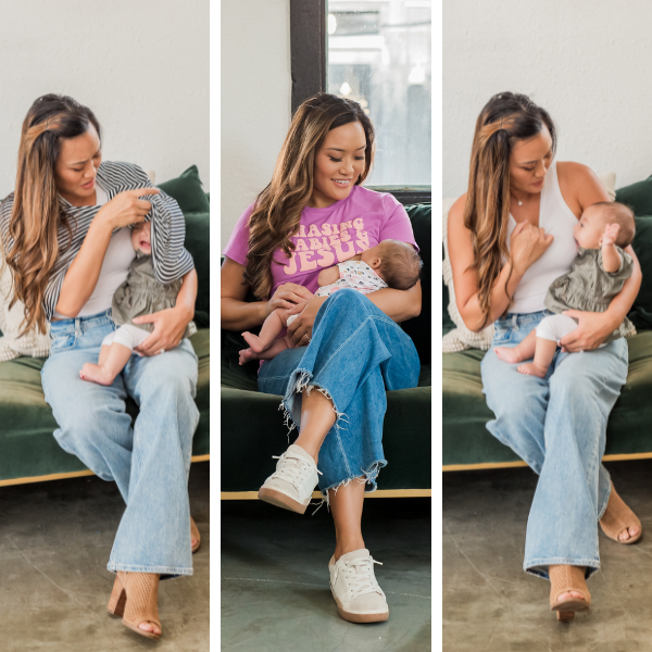 Side-by-side comparison of a breastfeeding mom nursing with a cover, lifting a regular shirt, and using a Nursing Queen top with hidden zipper access, highlighting differences in comfort, coverage, and ease in summer.