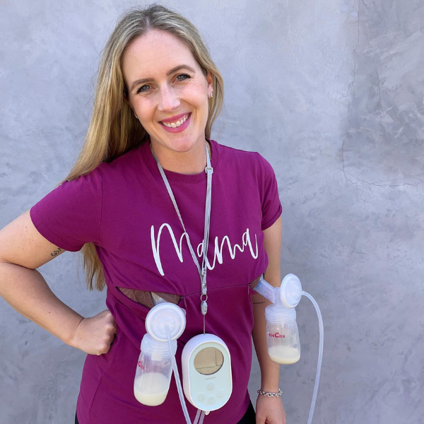 Mom with pump and nursing tee