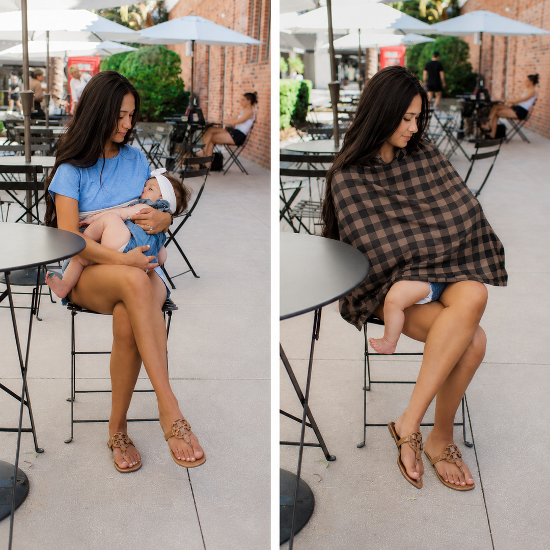 Side-by-side comparison of a breastfeeding mother nursing without a cover and using a nursing cover outdoors during summer, illustrating nursing cover preferences among breastfeeding moms.