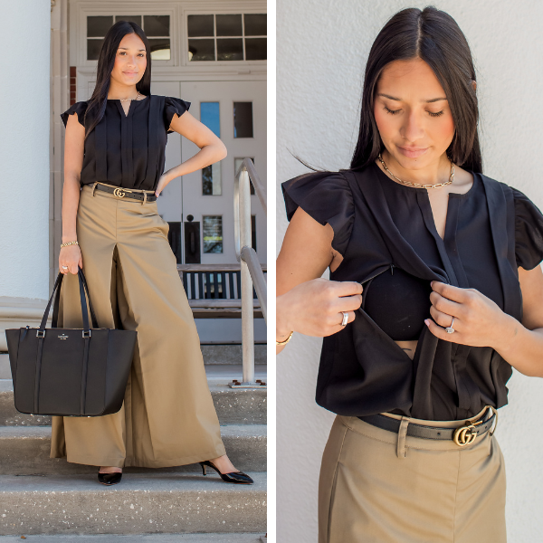 Mom wearing a black nursing top for the office with hidden access for pumping at work.
