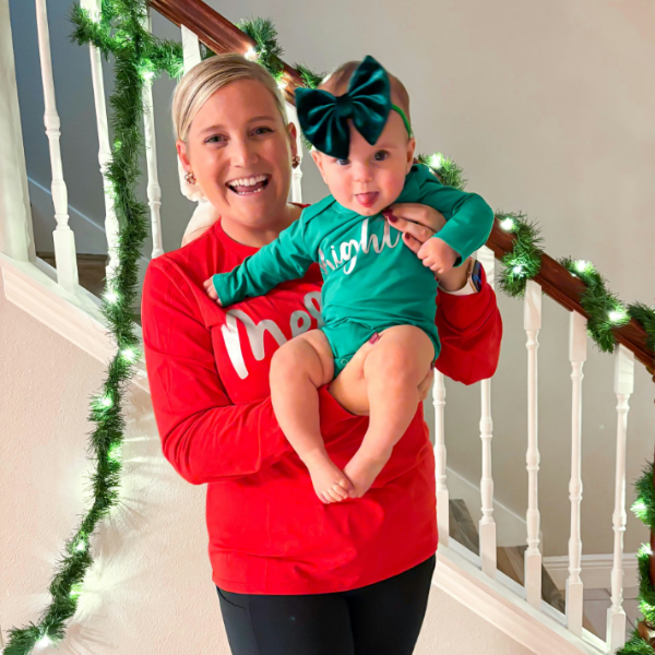 Mom and Mini matching for Christmas. Mom's shirt has nursing access