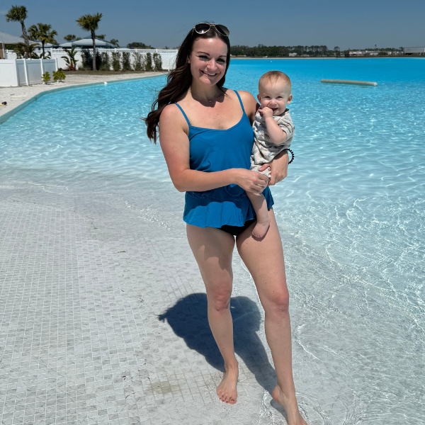 Mom wearing nursing tankini