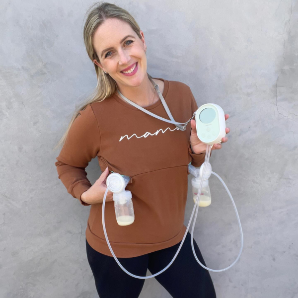 Mom wearing nursing sweatshirt