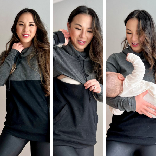 Mom wearing breastfeeding hoodie