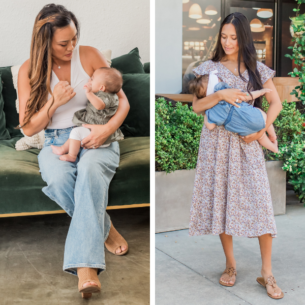 Side-by-side comparison of a mom trying to breastfeed in a regular tank top and a mom nursing in a Nursing Queen dress with hidden zipper access.