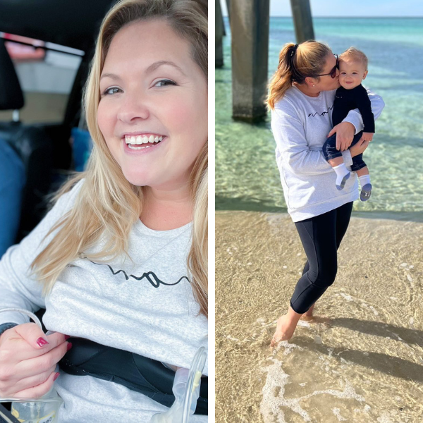 Mom wearing a nursing sweatshirt with access for pumping