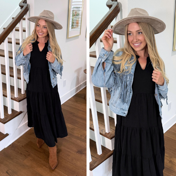 woman wearing black nursing dress with jean jacket 