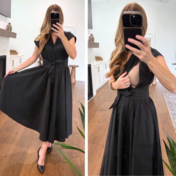 Mom wearing a black cotton nursing dress with hidden nursing access, perfect for weddings, special occasions, and breastfeeding moms.
