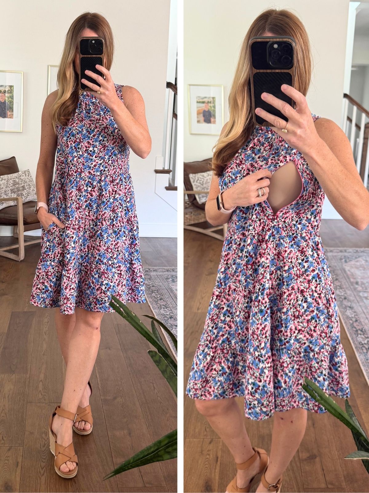 Mom wearing a Nursing Queen floral blue nursing dress styled with sandals, featuring hidden zipper access for breastfeeding and pumping.