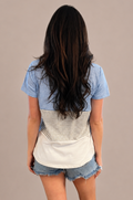 A back view shows a mom wearing the blue 3-block colorblock breastfeeding t-shirt with a relaxed silhouette and comfortable coverage.