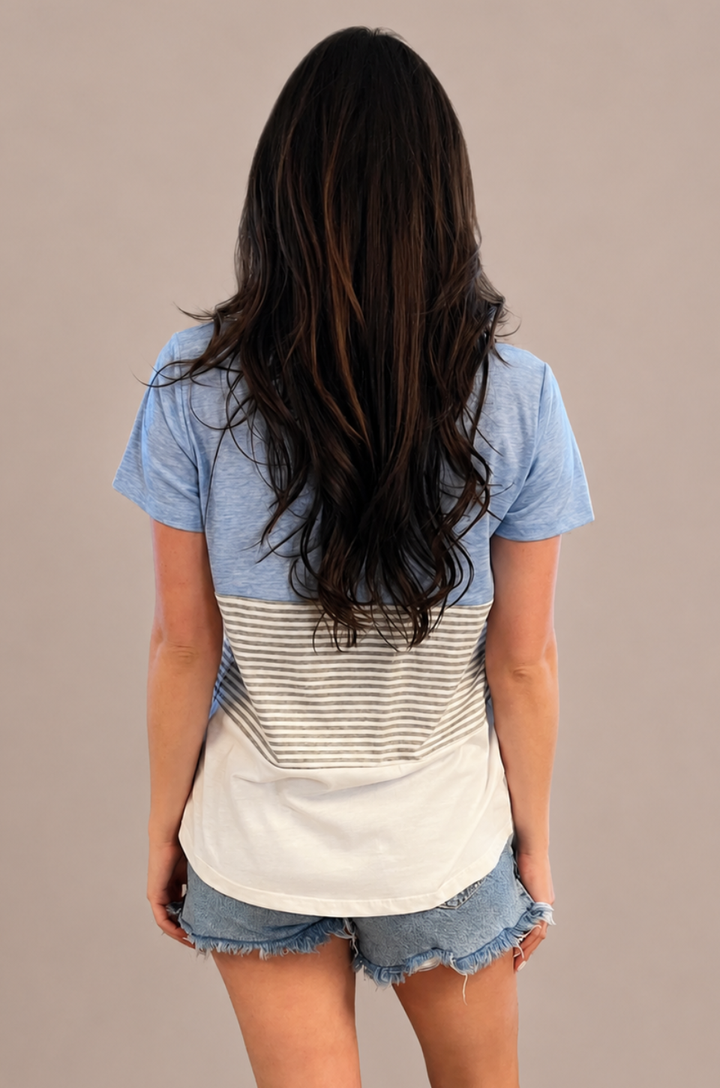 A back view shows a mom wearing the blue 3-block colorblock breastfeeding t-shirt with a relaxed silhouette and comfortable coverage.