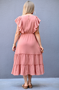 Back view of terracotta gauze ruffle midi nursing dress with comfortable fit and feminine design for breastfeeding moms.