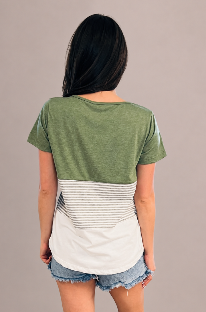A back view shows a mom in the green 3-block colorblock breastfeeding t-shirt.