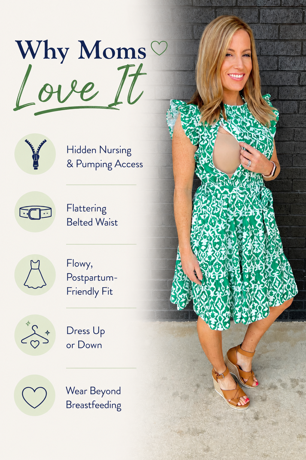 Green floral nursing dress with hidden nursing and pumping access, flattering belted waist, flowy postpartum-friendly fit, and wear beyond breastfeeding. Feature graphic for Nursing Queen breastfeeding dress.
