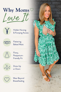 Green floral nursing dress with hidden nursing and pumping access, flattering belted waist, flowy postpartum-friendly fit, and wear beyond breastfeeding. Feature graphic for Nursing Queen breastfeeding dress.
