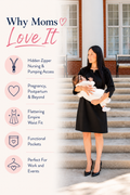 Nursing Queen black breastfeeding dress with hidden zipper nursing and pumping access, empire waist silhouette, functional pockets, and versatile styling for pregnancy, postpartum, work, church, and special events.