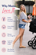 Striped nursing T-shirt feature graphic highlighting hidden nursing and pumping access, cotton blend comfort, relaxed non-clingy fit, everyday style, and wear beyond breastfeeding. Breastfeeding-friendly top that looks like a regular T-shirt for nursing and pumping moms.