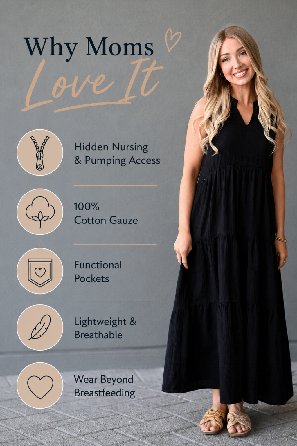 Breastfeeding mom wearing a black cotton gauze nursing dress with hidden nursing and pumping access, functional pockets, lightweight breathable fabric, and a design made to wear long after breastfeeding.