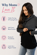 Breastfeeding nursing hoodie with hidden nursing and pumping access, soft cotton blend comfort, thumbholes, and front pocket.