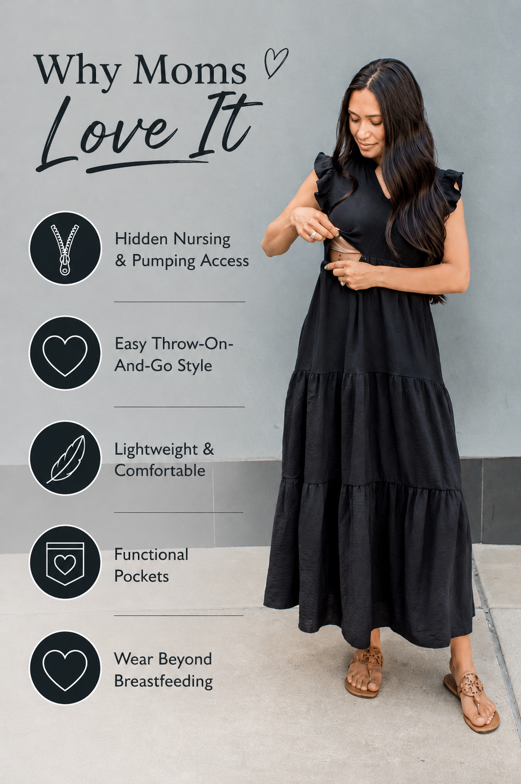 Mom demonstrating hidden breastfeeding access in a black nursing dress with pockets, lightweight fabric, and a versatile style designed for pregnancy, postpartum, breastfeeding, and beyond.