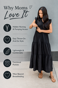 Mom demonstrating hidden breastfeeding access in a black nursing dress with pockets, lightweight fabric, and a versatile style designed for pregnancy, postpartum, breastfeeding, and beyond.