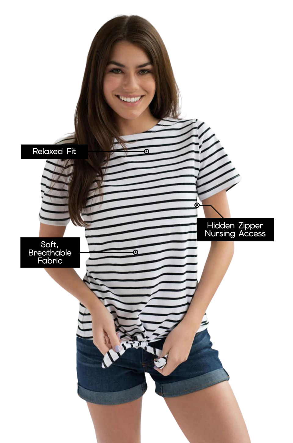 Woman wearing a black and white striped breastfeeding shirt with text highlighting features on a white background
