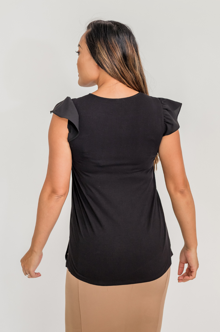 Back view of black maternity nursing blouse with smooth back