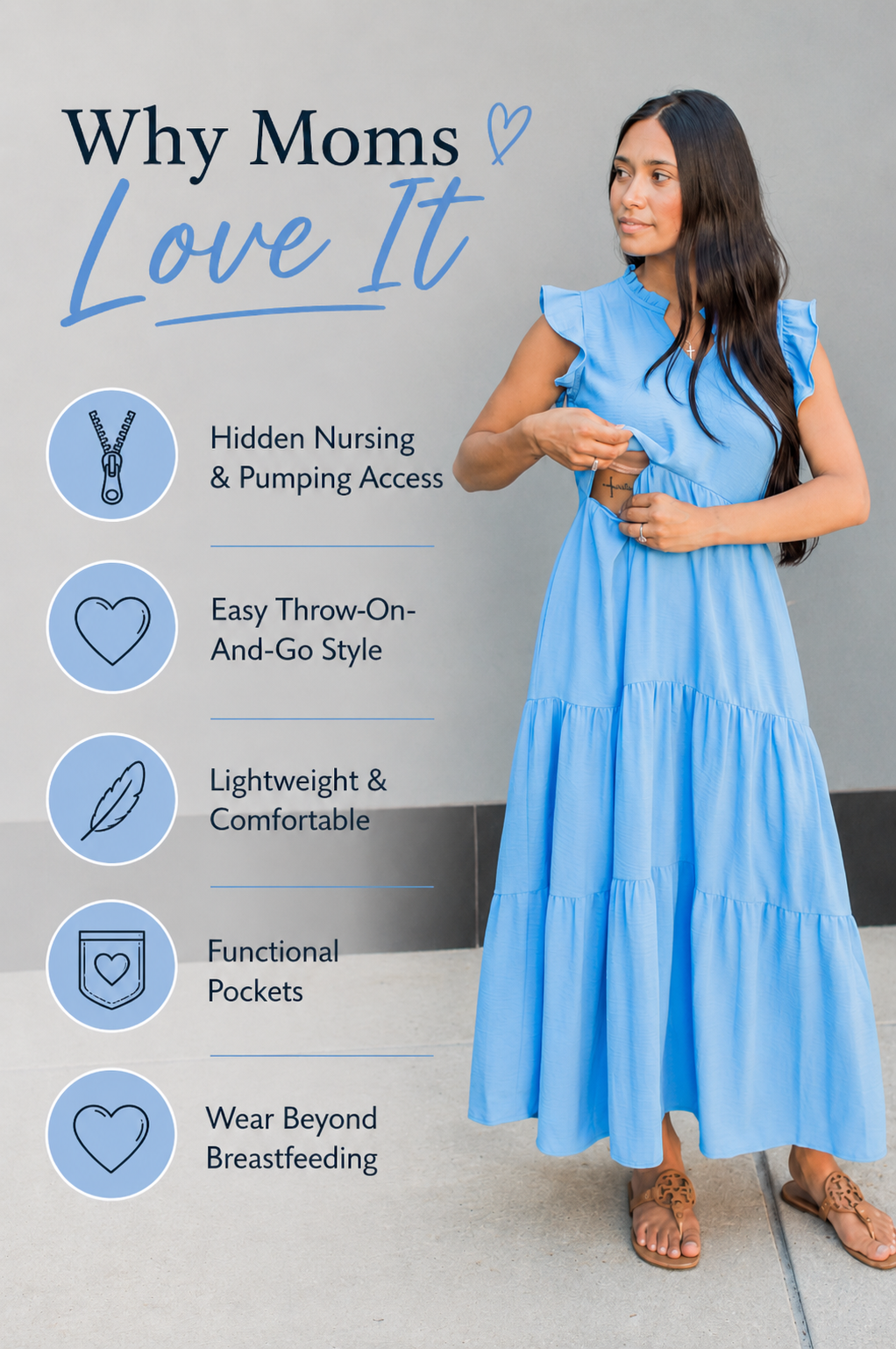 dress for breastfeeding Tiered Nursing Midi Dress With Ruffle Sleeves - Blue