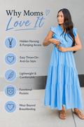 Breastfeeding mom wearing a bright blue nursing dress with hidden nursing and pumping access, easy throw-on-and-go style, lightweight comfortable fabric, functional pockets, and a design made to wear beyond breastfeeding.