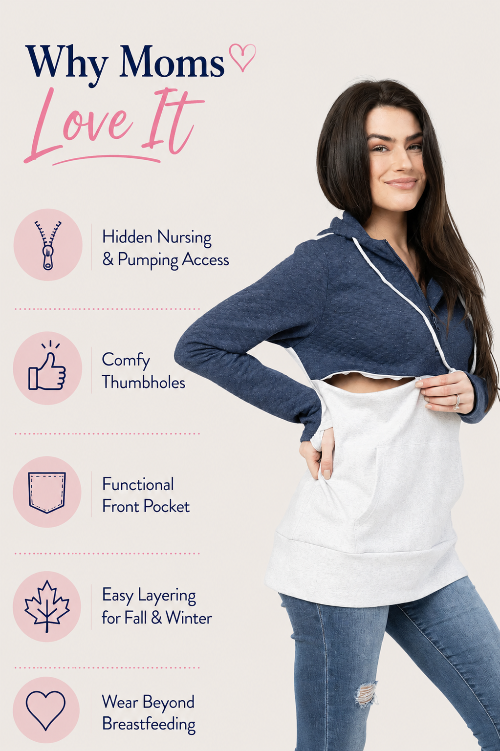 Nursing Queen quarter-zip nursing hoodie feature graphic highlighting hidden nursing and pumping access, comfy thumbholes, functional front pocket, and easy fall and winter layering. Stylish breastfeeding hoodie designed for nursing moms who want discreet pumping access, everyday comfort, and clothing they can wear long after breastfeeding.