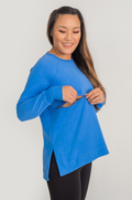 Blue yoga sweatshirt with zipper nursing access