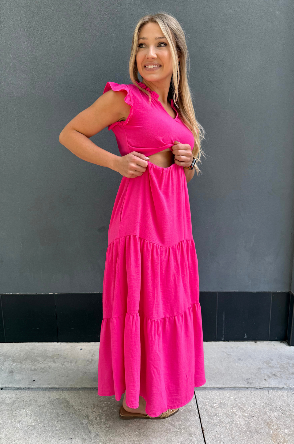 Pink Nursing Queen tiered midi dress with flutter ruffle sleeves, discreet nursing access, and flowy postpartum-friendly fit