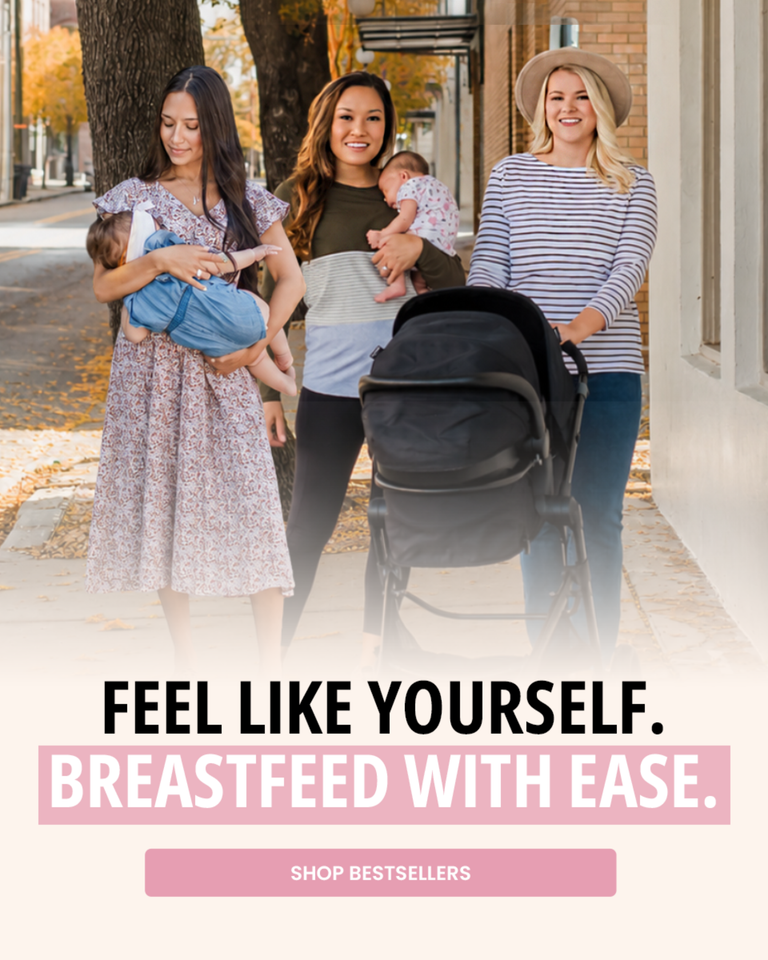 A promotional lifestyle image showing three women walking outdoors with babies and a black stroller. Large text at the bottom reads, 'FEEL LIKE YOURSELF.