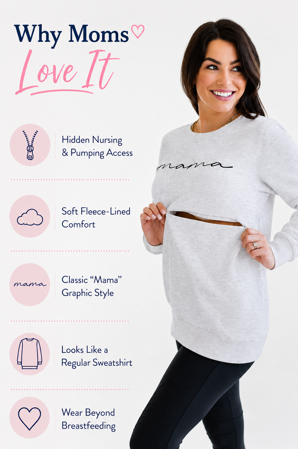 Nursing Queen Mama nursing sweatshirt feature graphic highlighting hidden nursing and pumping access, soft fleece-lined comfort, classic Mama graphic style, regular sweatshirt appearance, and wear beyond breastfeeding. 