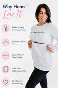 Nursing Queen Mama nursing sweatshirt feature graphic highlighting hidden nursing and pumping access, soft fleece-lined comfort, classic Mama graphic style, regular sweatshirt appearance, and wear beyond breastfeeding. 