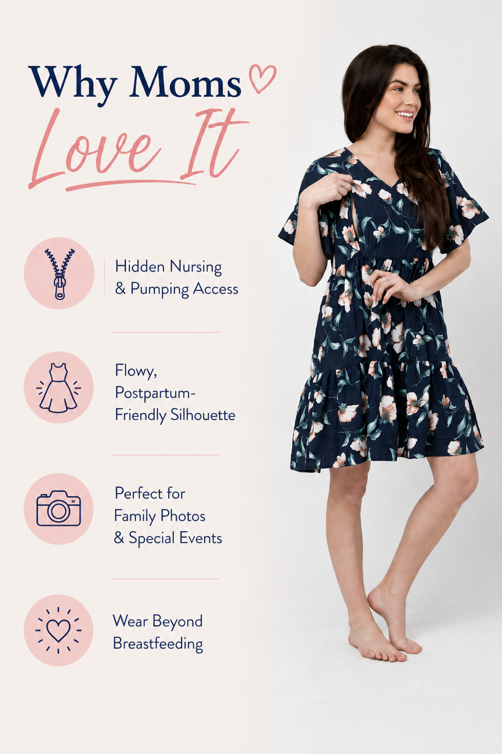 Mom wearing a navy floral breastfeeding dress with hidden nursing and pumping access, flutter sleeves, and a flowy postpartum-friendly fit, designed for breastfeeding, pumping, pregnancy, and everyday wear.