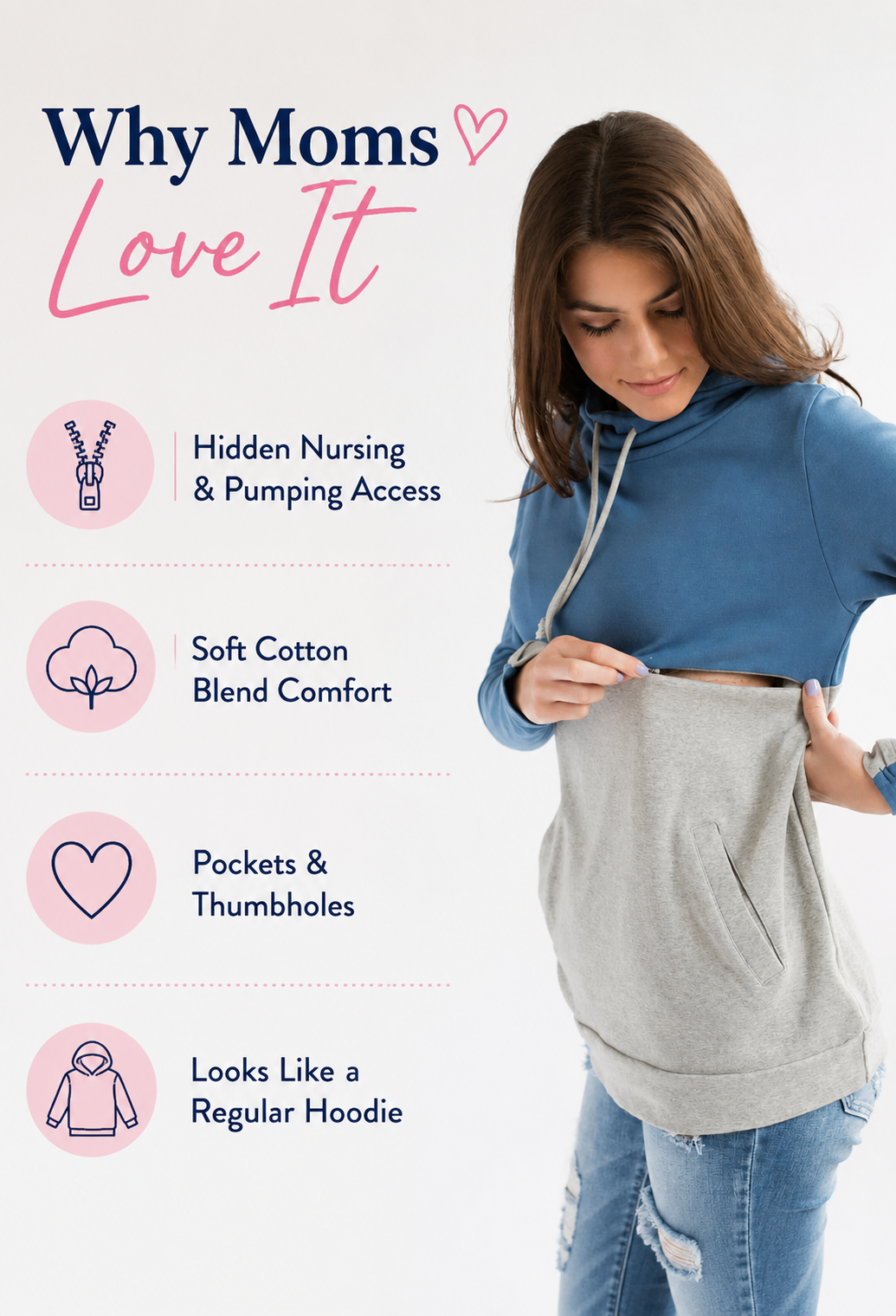 Breastfeeding nursing hoodie with hidden nursing and pumping access, soft cotton blend comfort, thumbholes, and front pocket. Nursing Queen colorblock hoodie designed to look like a regular sweatshirt while providing discreet breastfeeding access and everyday wear beyond breastfeeding.