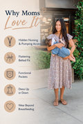 Breastfeeding mom holding her baby in a floral midi nursing dress with hidden nursing and pumping access, functional pockets, adjustable waist belt, and a flattering fit for postpartum and everyday wear.