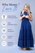 Woman wearing a blue cotton nursing dress with hidden breastfeeding access. 