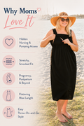 Nursing Queen smocked nursing maxi dress feature graphic showing hidden nursing and pumping access, stretchy smocked fit, flattering maxi length, and pregnancy-to-postpartum versatility, designed for breastfeeding moms seeking comfortable, throw-on-and-go style.