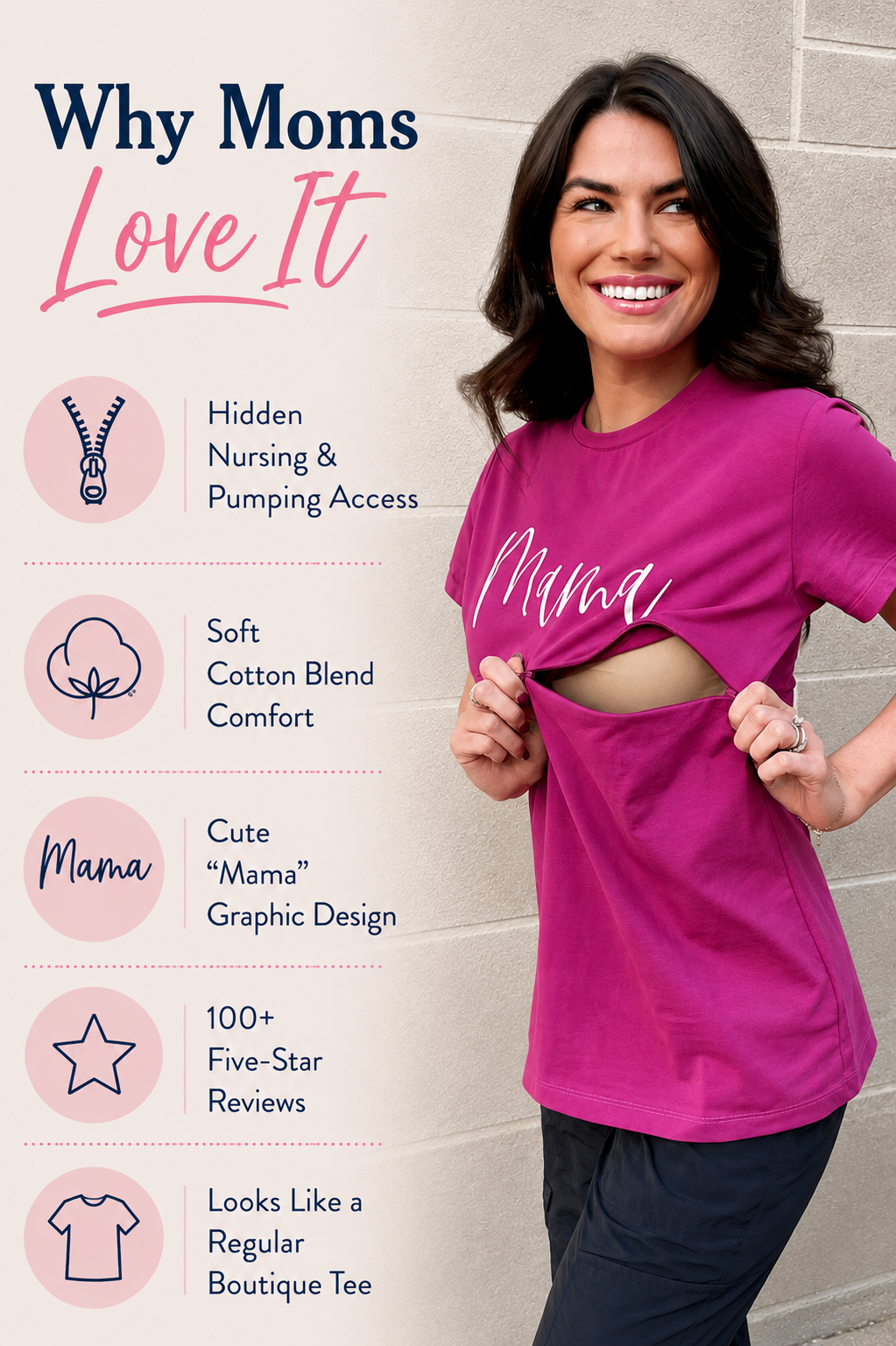 Berry pink Mama nursing t-shirt with hidden nursing and pumping access, soft cotton blend fabric, and a stylish graphic design that looks like a regular boutique tee for breastfeeding moms.