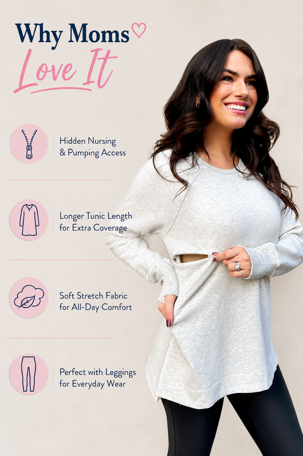 Nursing Queen yoga nursing tunic sweatshirt feature graphic showcasing hidden nursing and pumping access, longer tunic length for extra coverage, soft stretch fabric for all-day comfort, and a leggings-friendly fit designed for breastfeeding moms who want comfortable, discreet, everyday nursing clothing.