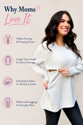 Nursing Queen yoga nursing tunic sweatshirt feature graphic showcasing hidden nursing and pumping access, longer tunic length for extra coverage, soft stretch fabric for all-day comfort, and a leggings-friendly fit designed for breastfeeding moms who want comfortable, discreet, everyday nursing clothing.