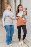 Moms wearing gray and camel breastfeeding sweatshirts for nursing on the go