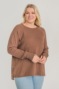 Woman wearing a breastfeeding nursing tunic in brown