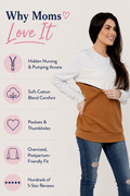 Mom wearing an oversized nursing sweatshirt with hidden nursing and pumping access, soft cotton blend comfort, pockets and thumbholes, postpartum-friendly oversized fit, and hundreds of five-star reviews. 