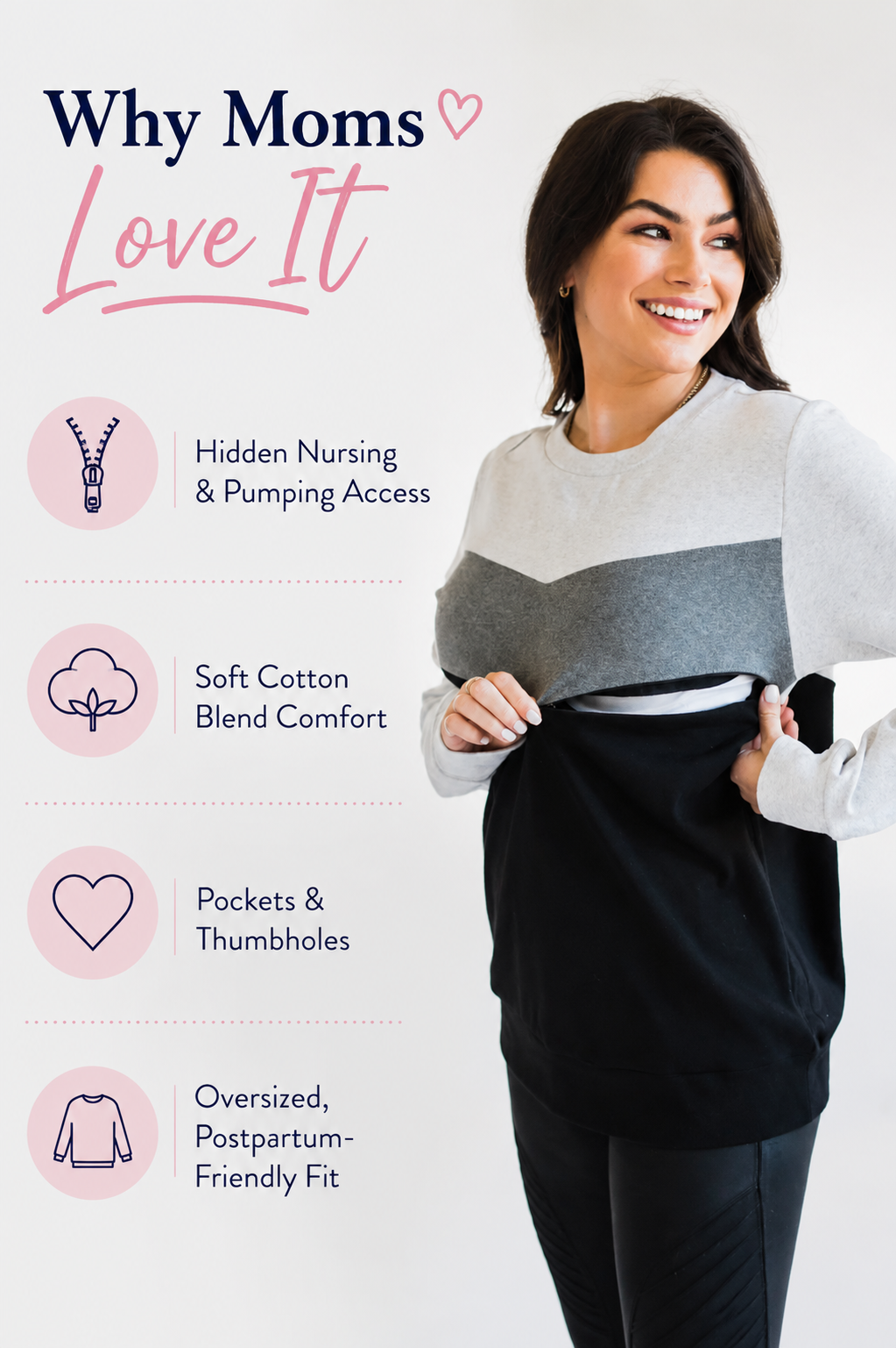 Nursing Queen oversized nursing sweatshirt feature graphic showing hidden nursing and pumping access, soft cotton blend comfort, pockets and thumbholes, and a postpartum-friendly fit designed for breastfeeding moms who want everyday clothing that looks like a regular sweatshirt.