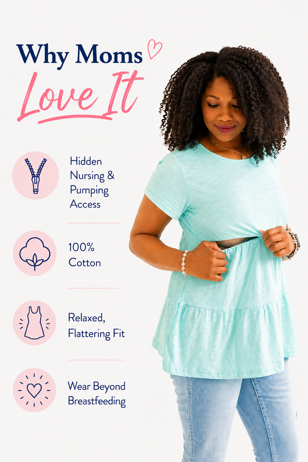 Mom wearing a cotton breastfeeding shirt for nursing and pumping. 