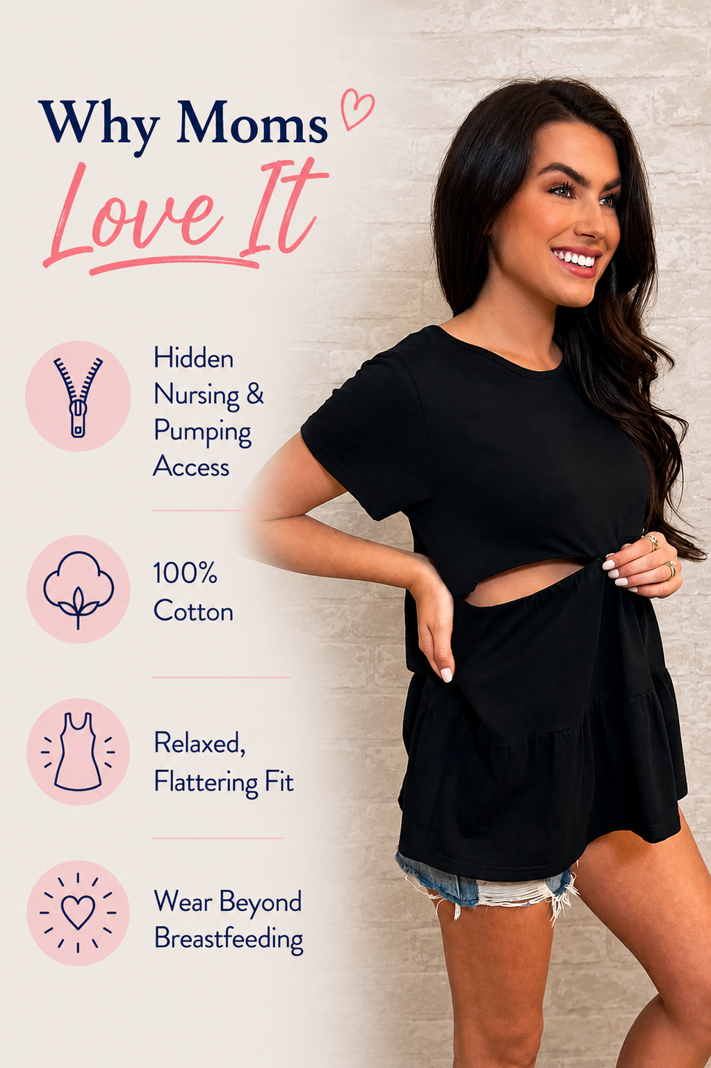 Mom wearing a black ruffle nursing tee made with 100% cotton and designed with hidden breastfeeding access. 
